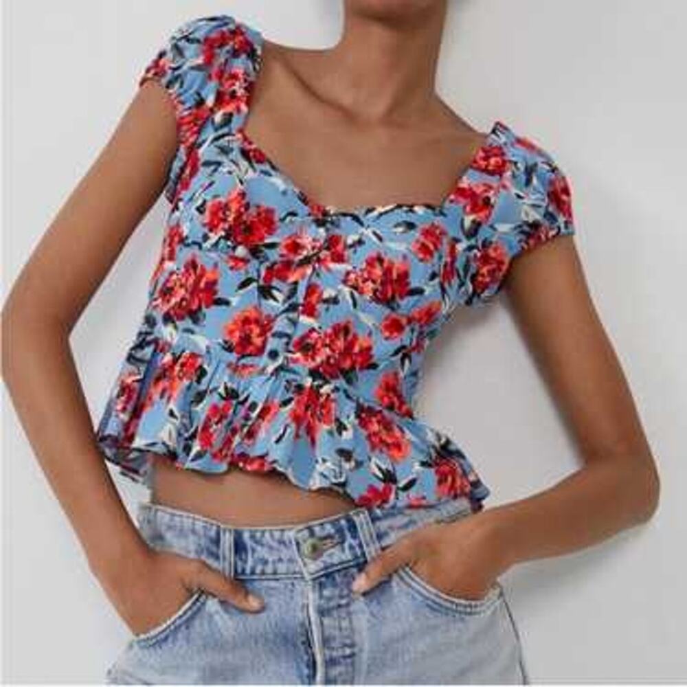 Zara Blue Red Floral Peplum Top Size Large Elastic Ruching